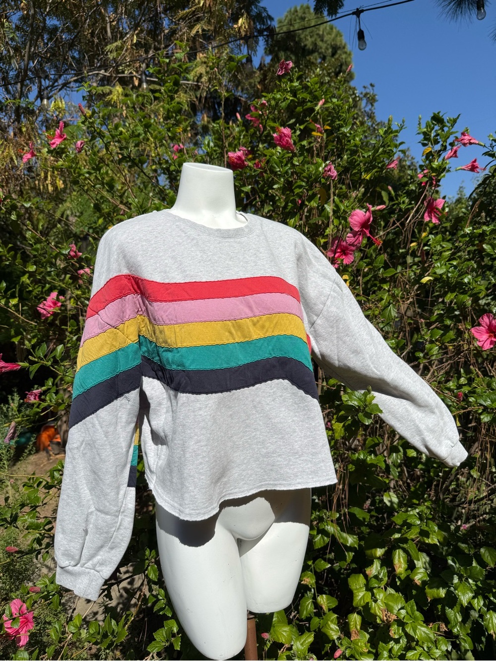 Marine Layer Gray Sweatshirt with Red, Pink, Yellow, Teal & Black Stripes